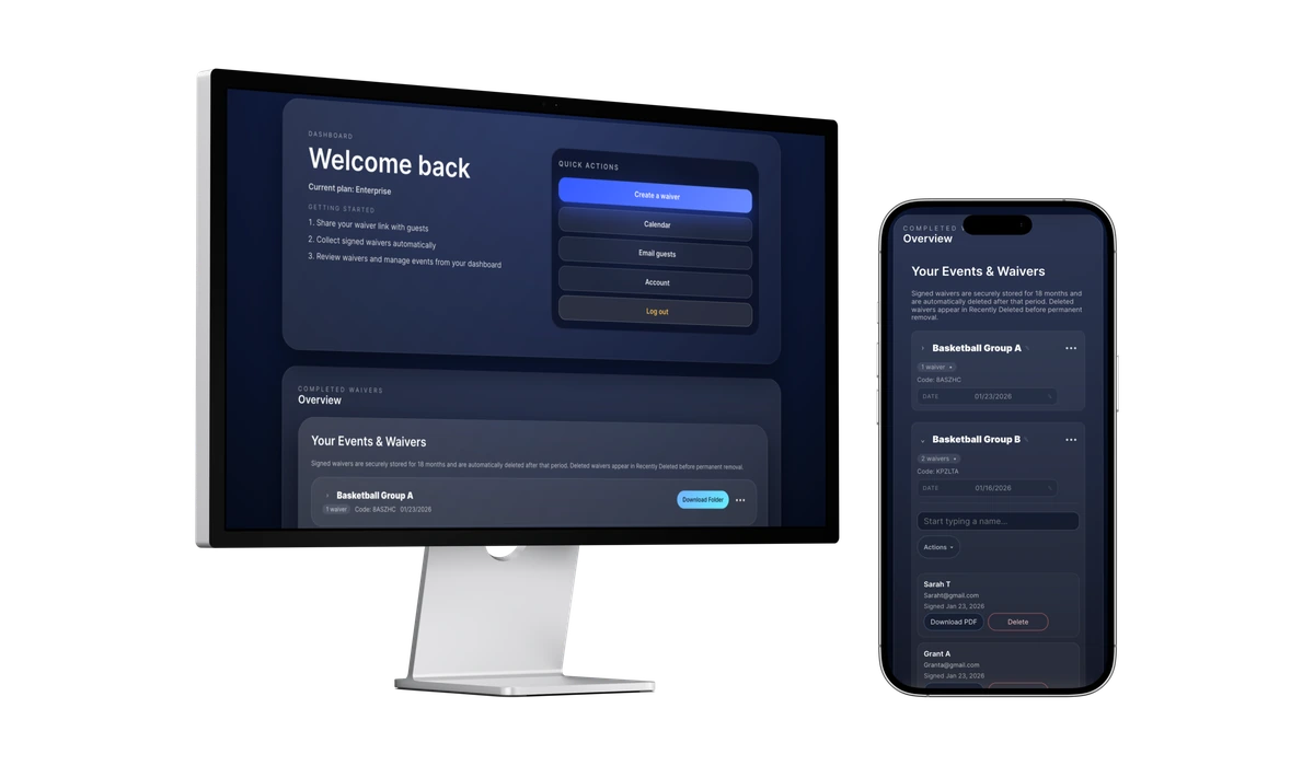 Simple Waivers digital waiver management dashboard interface