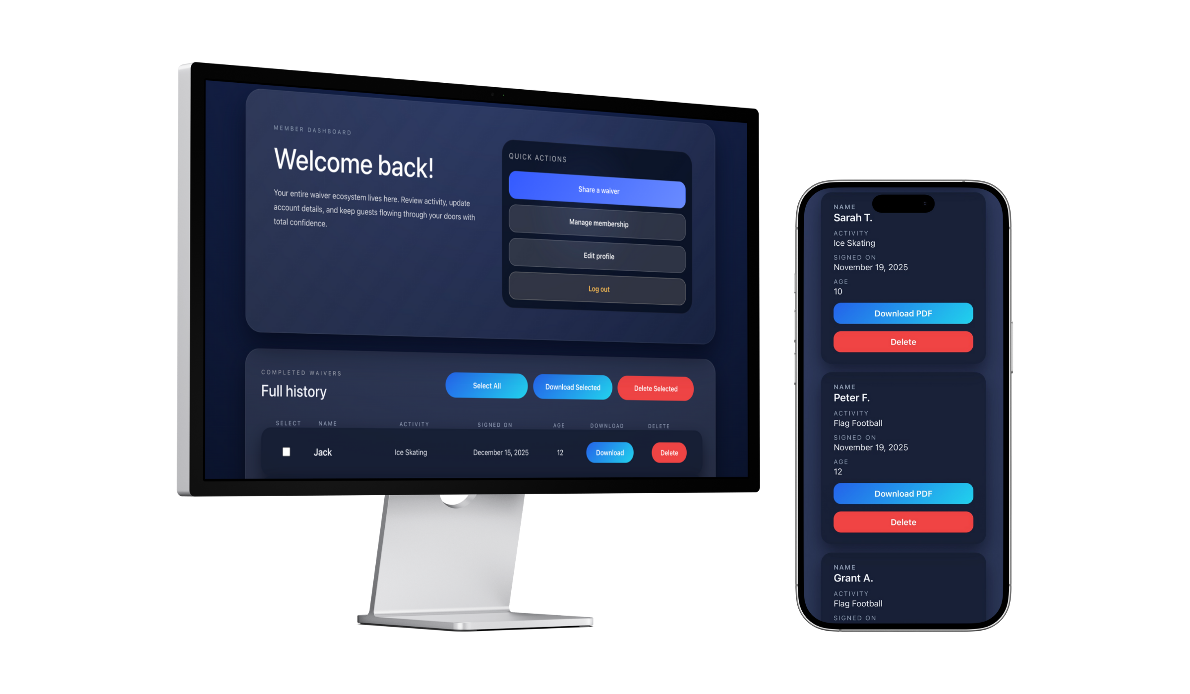 Simple Waivers digital waiver management dashboard interface